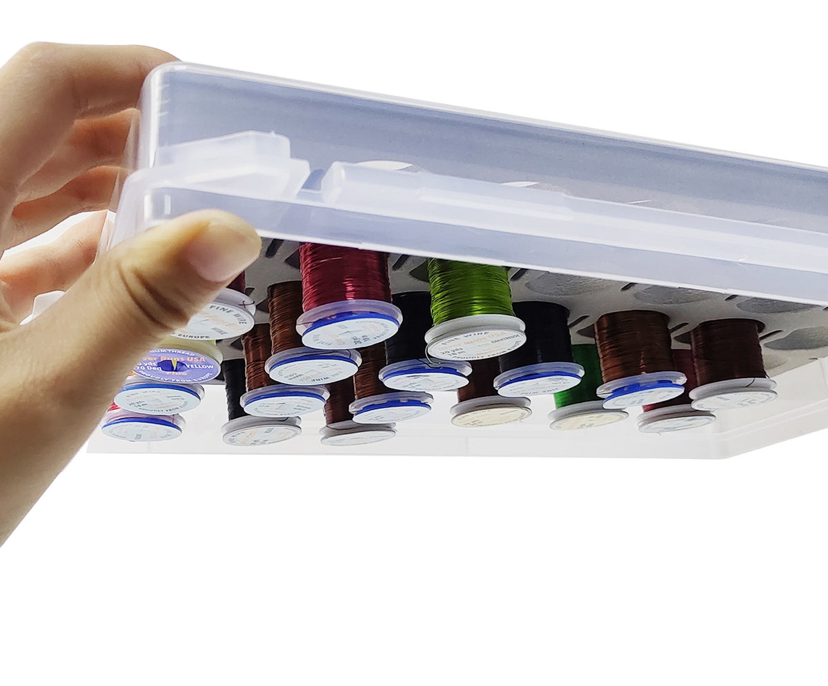 Box held upside down showing spools stay in place