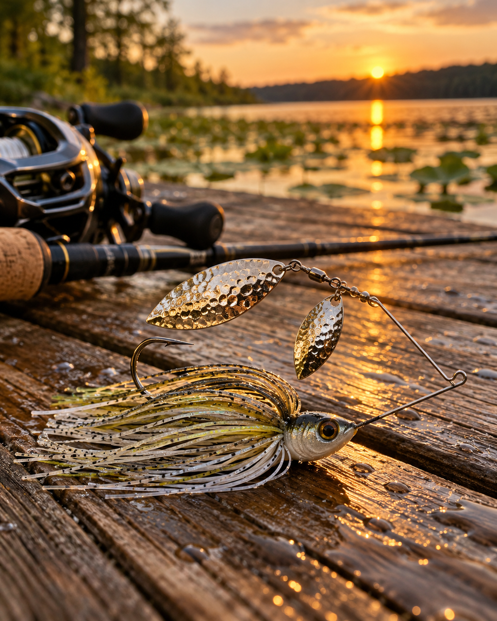 Mustad Arm Lock Spinnerbait in Ayu with silver willow blades on a dock at golden hour