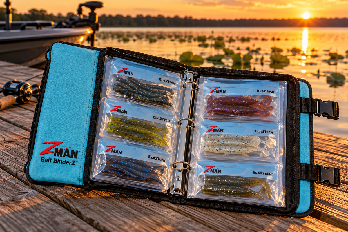 Z-Man Bait BinderZ open on a dock at sunset with ElaZtech bait bags