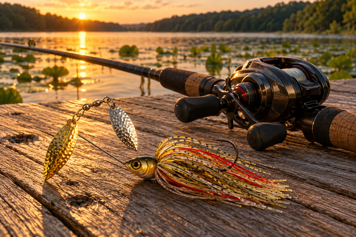 Strike King Bleeding Bait Spinnerbait in Bleeding Gold Shiner on a dock at golden hour