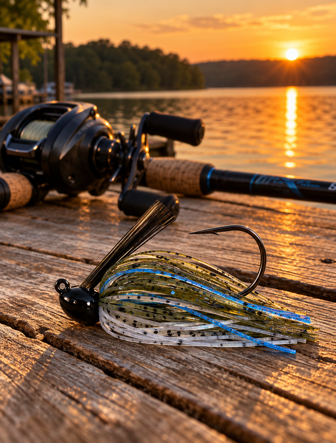 Googan Squad Juicee Casting Jig in Blue Craw on a dock at golden hour