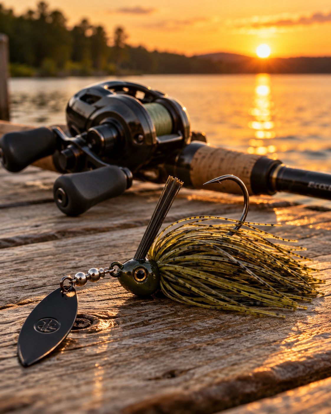 Googan Squad Clickbait vibrating jig in Green Pumpkin on a dock at golden hour
