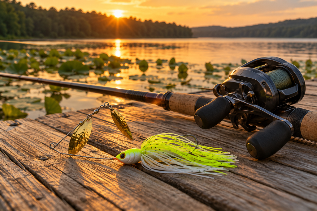 Mustad Arm Lock Spinnerbait in Chartreuse White with gold willow blades on a dock at golden hour