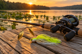 Mustad Arm Lock Spinnerbait in Chartreuse White with gold willow blades on a dock at golden hour
