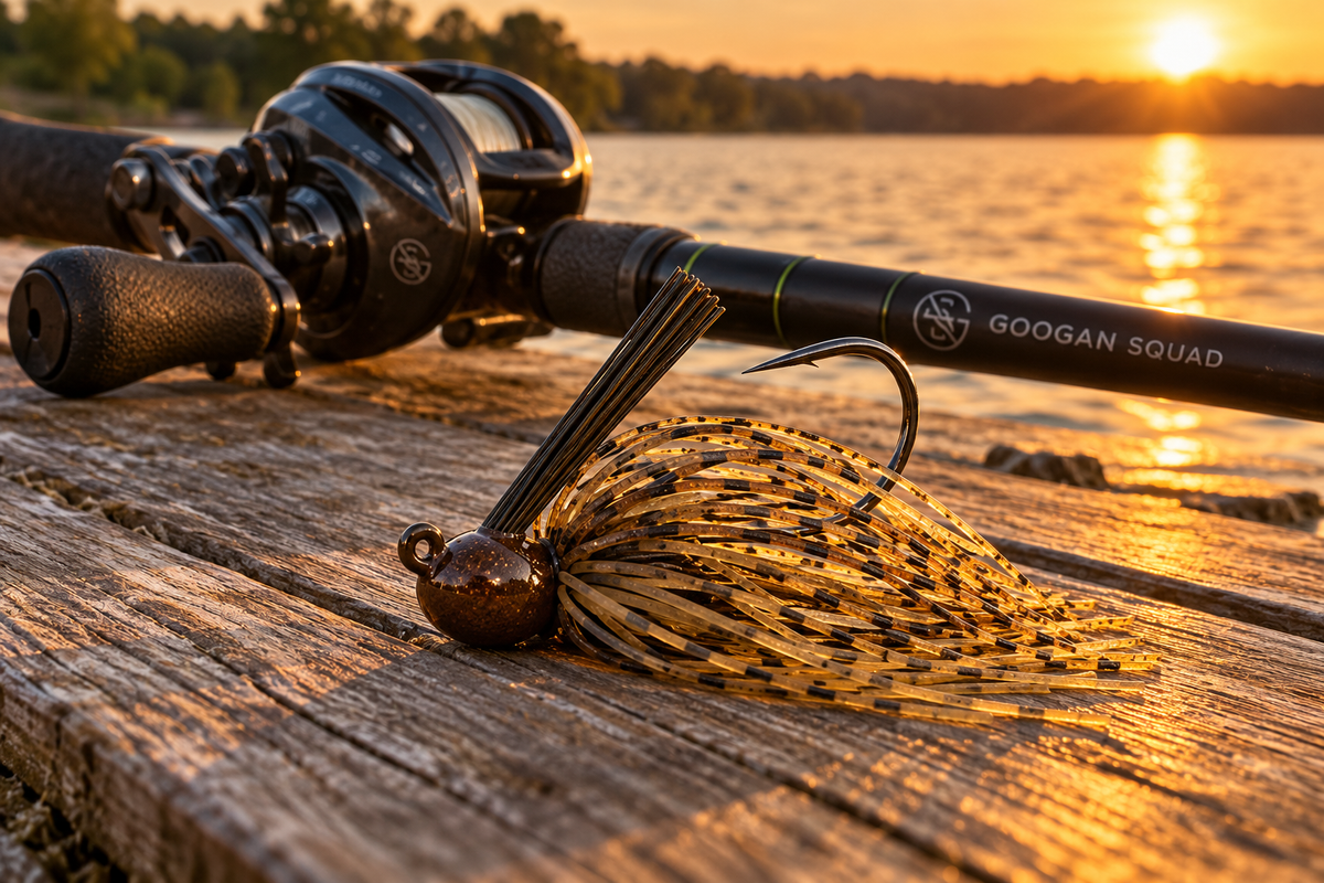 Googan Squad Juicee Casting Jig in Cowboy Craw on a dock at golden hour