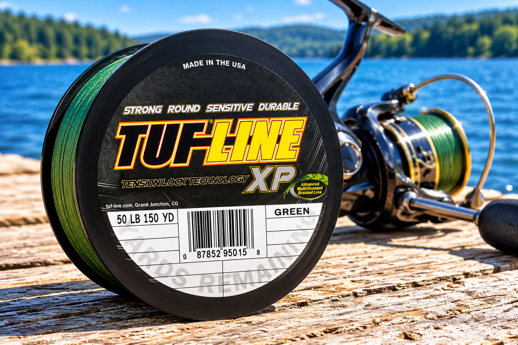TUF-LINE XP 50 lb green braided line spool on a dock by the lake