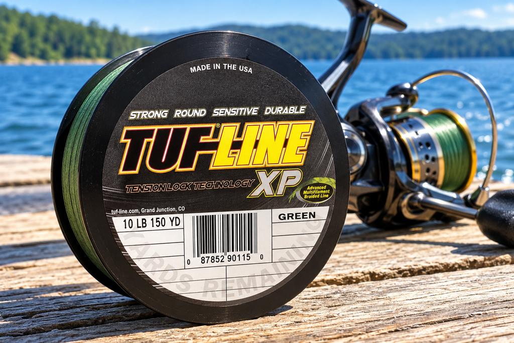 TUF-LINE XP 10 lb green braided line spool on a dock by the lake