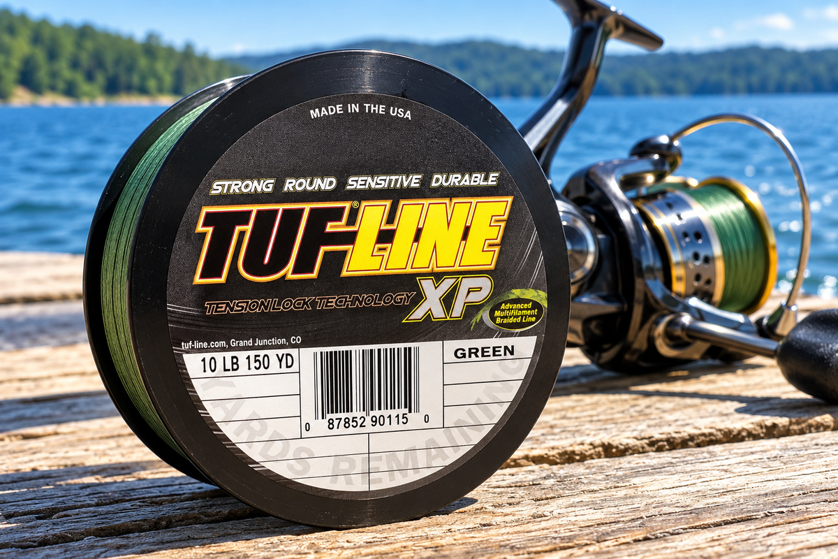 TUF-LINE XP 10 lb green braided line spool on a dock by the lake