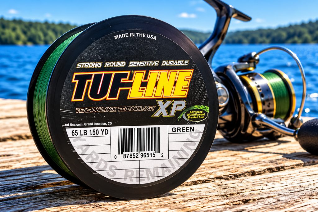 TUF-LINE XP 65 lb green braided line spool on a dock by the lake