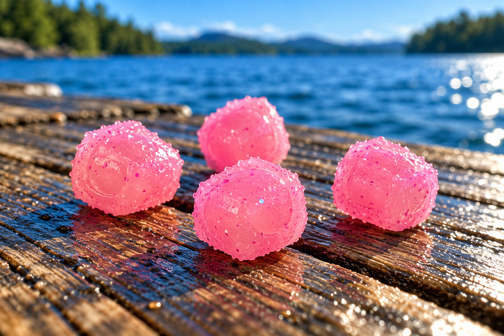 Z-Man Fuzzy Nuggetz in Bubble Gum on a dock by the lake