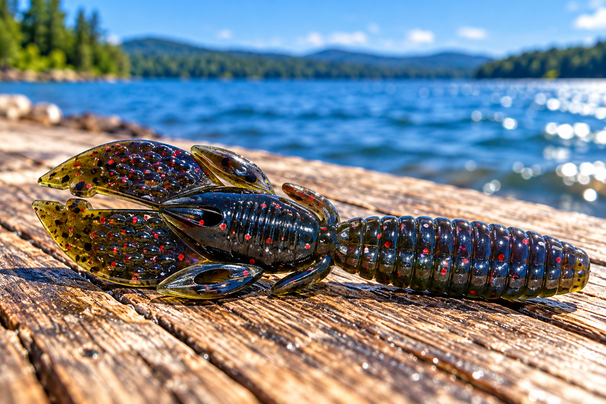 Strike King KVD Rodent in Blue Craw Red Flake on a sunlit dock