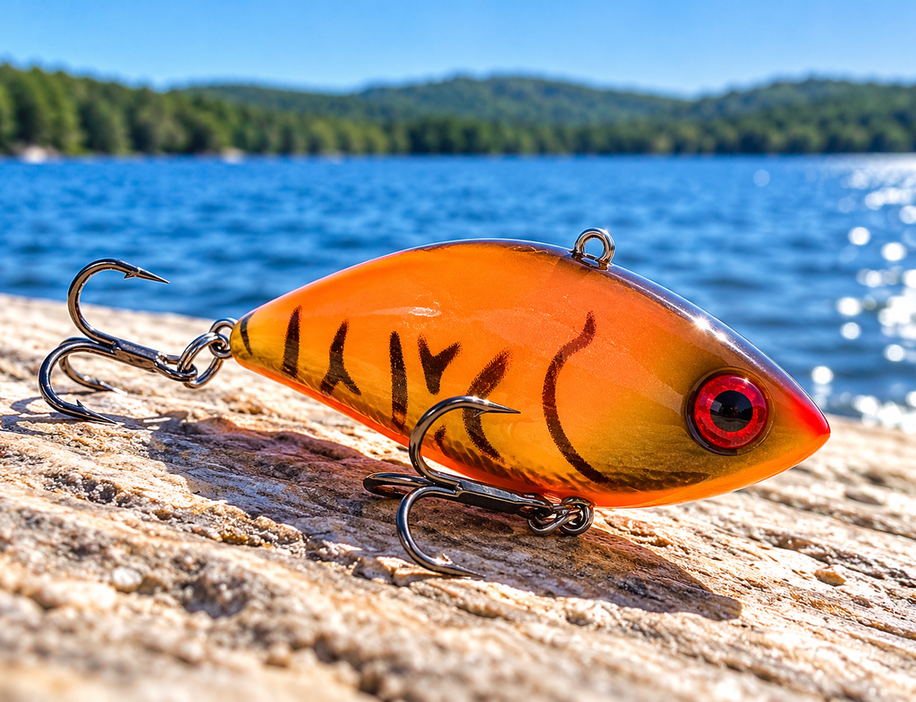 Strike King Red Eyed Shad Tungsten 2-Tap 3/4 oz in Orange Belly Craw on pale sand by the lake
