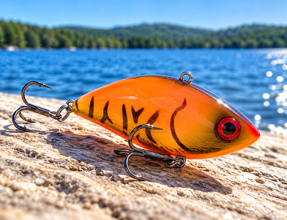 Strike King Red Eyed Shad Tungsten 2-Tap 3/4 oz in Orange Belly Craw on pale sand by the lake