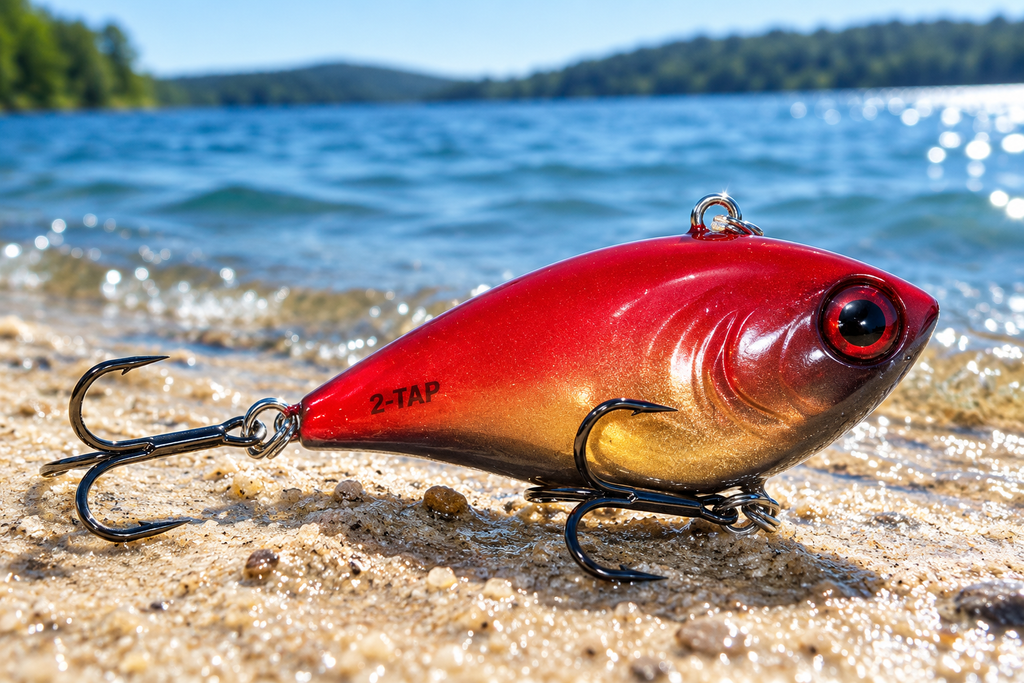 Strike King Red Eyed Shad Tungsten 2-Tap 1/2 oz in Royal Red on sand at the water's edge