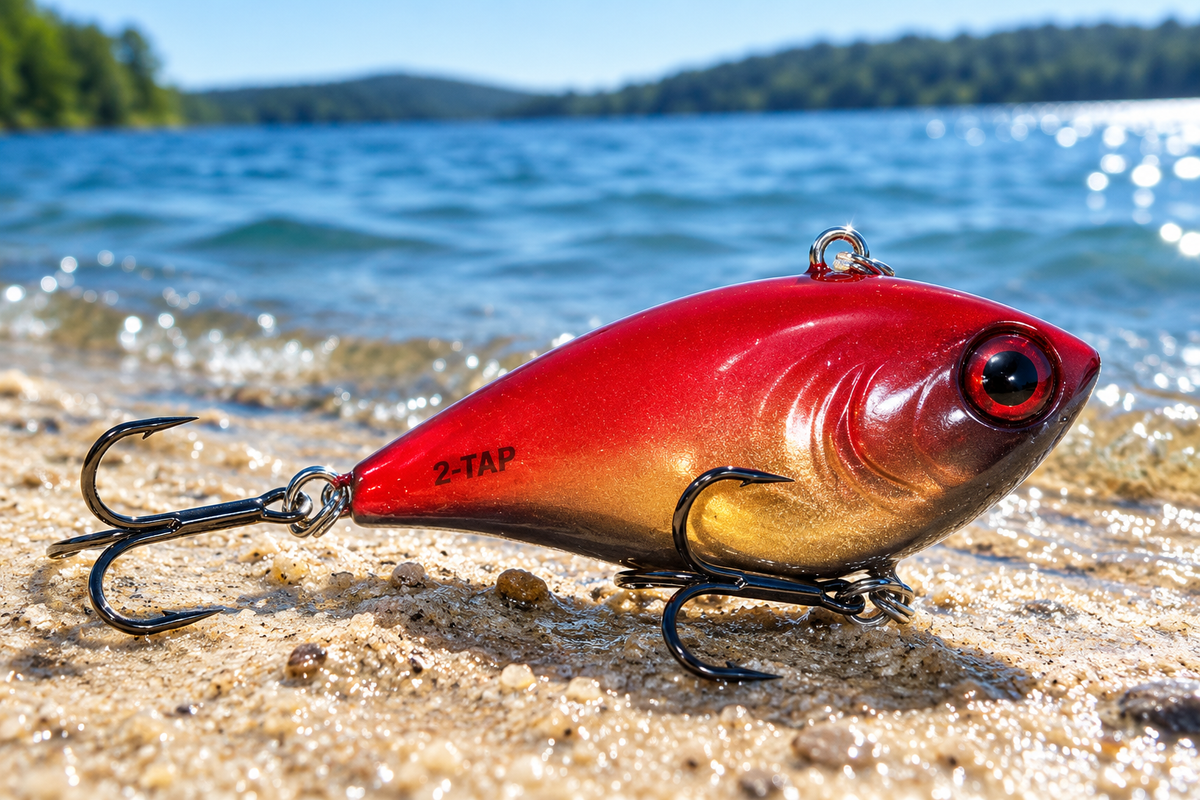 Strike King Red Eyed Shad Tungsten 2-Tap 1/2 oz in Royal Red on sand at the water's edge