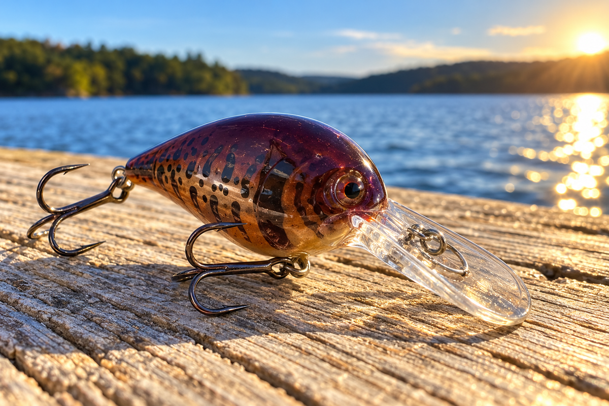 Storm Deep Wiggle Wart in Phantom Peanut Butter Jelly Craw on a sunlit dock