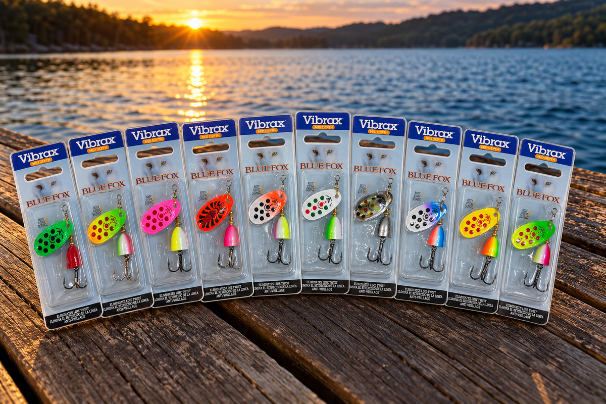 Blue Fox Vibrax Size 3 spinners lot of 10 in retail packaging on a dock at sunset