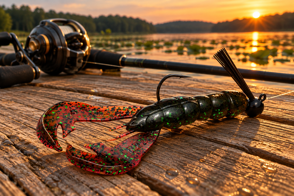 Strike King Rage Craw in Bama Bug rigged on a jig on a dock at golden hour