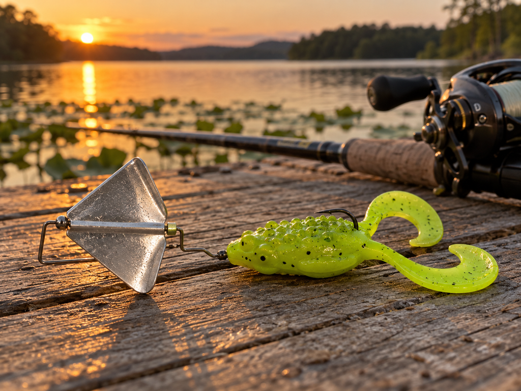 Strike King Head Banger ToadBuzz on a dock at golden hour - chartreuse toad with delta buzz blade