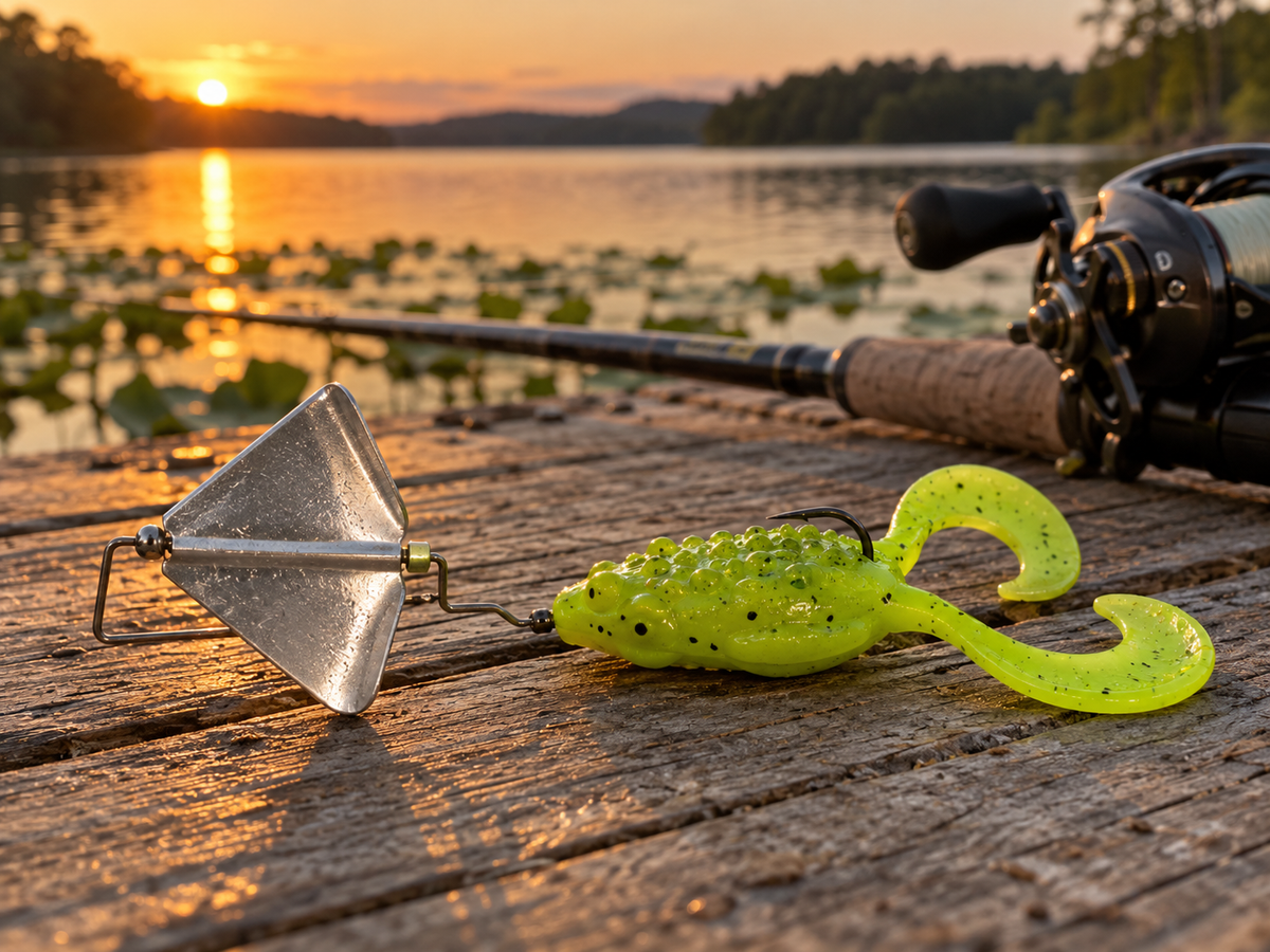 Strike King Head Banger ToadBuzz on a dock at golden hour - chartreuse toad with delta buzz blade