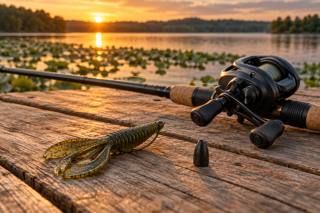Strike King Tour Grade Tungsten bullet weight with a Texas-rigged craw on a dock at golden hour