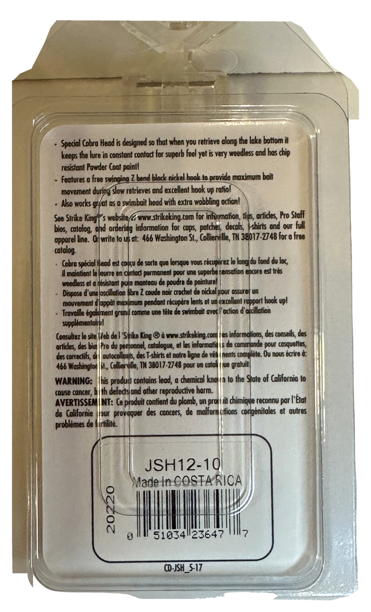Strike King Jointed Structure Head 1/2 oz White - package back