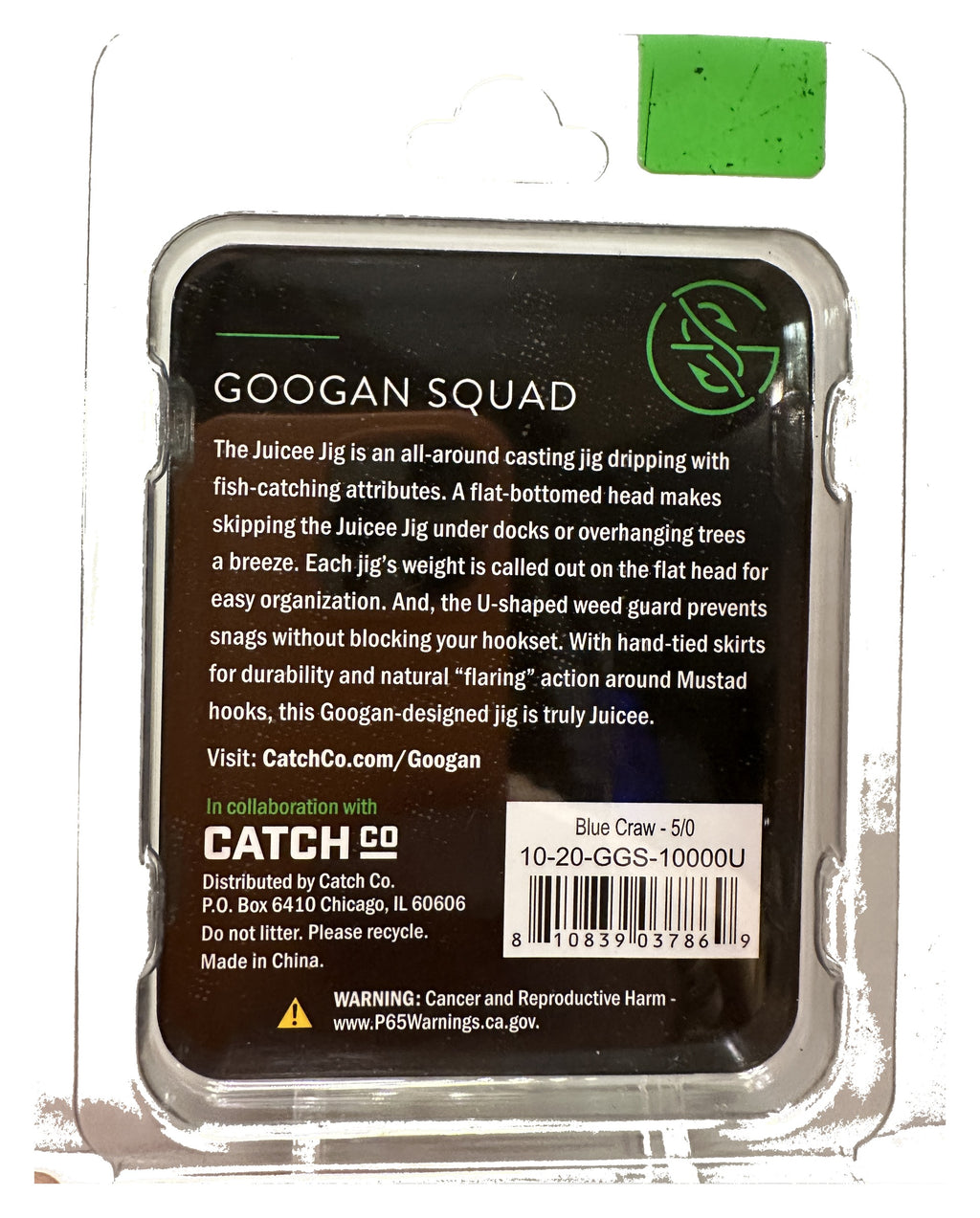 Googan Squad Juicee - Blue Craw 3/8 oz - back of package, alternate take (10-20-GGS-10000U)