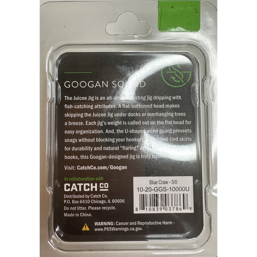 Googan Squad Juicee Casting Jig Blue Craw 3/8 oz retail package - back of package with UPC
