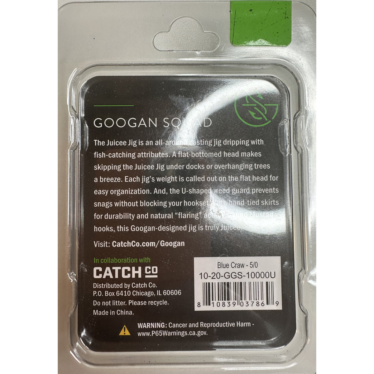 Googan Squad Juicee Casting Jig Blue Craw 3/8 oz retail package - back of package with UPC