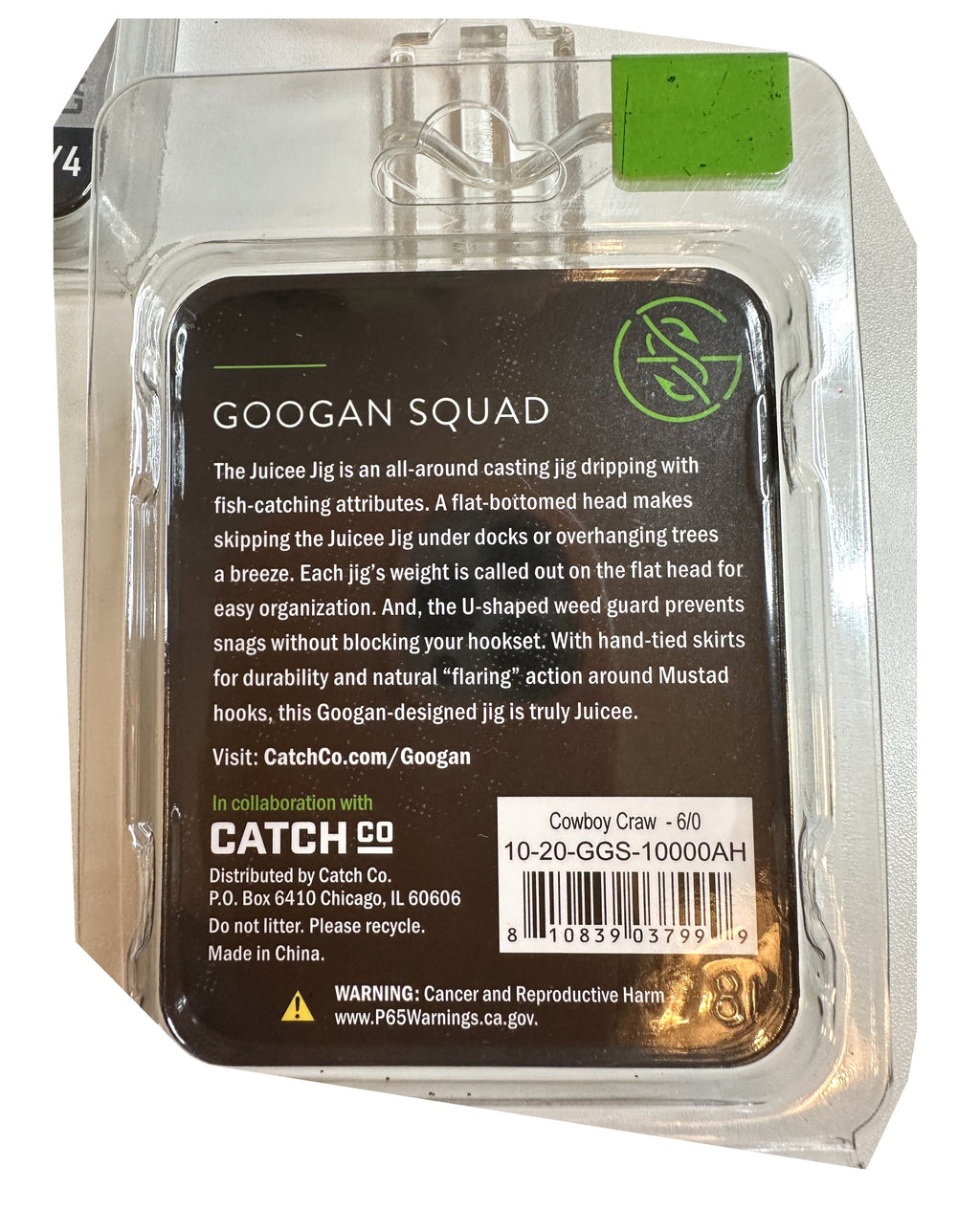 Googan Squad Juicee Casting Jig Cowboy Craw 3/4 oz retail package - back of package with UPC