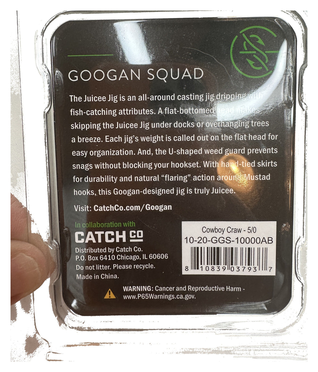 Googan Squad Juicee - Cowboy Craw 1/2 oz - back of package, close-up take with UPC