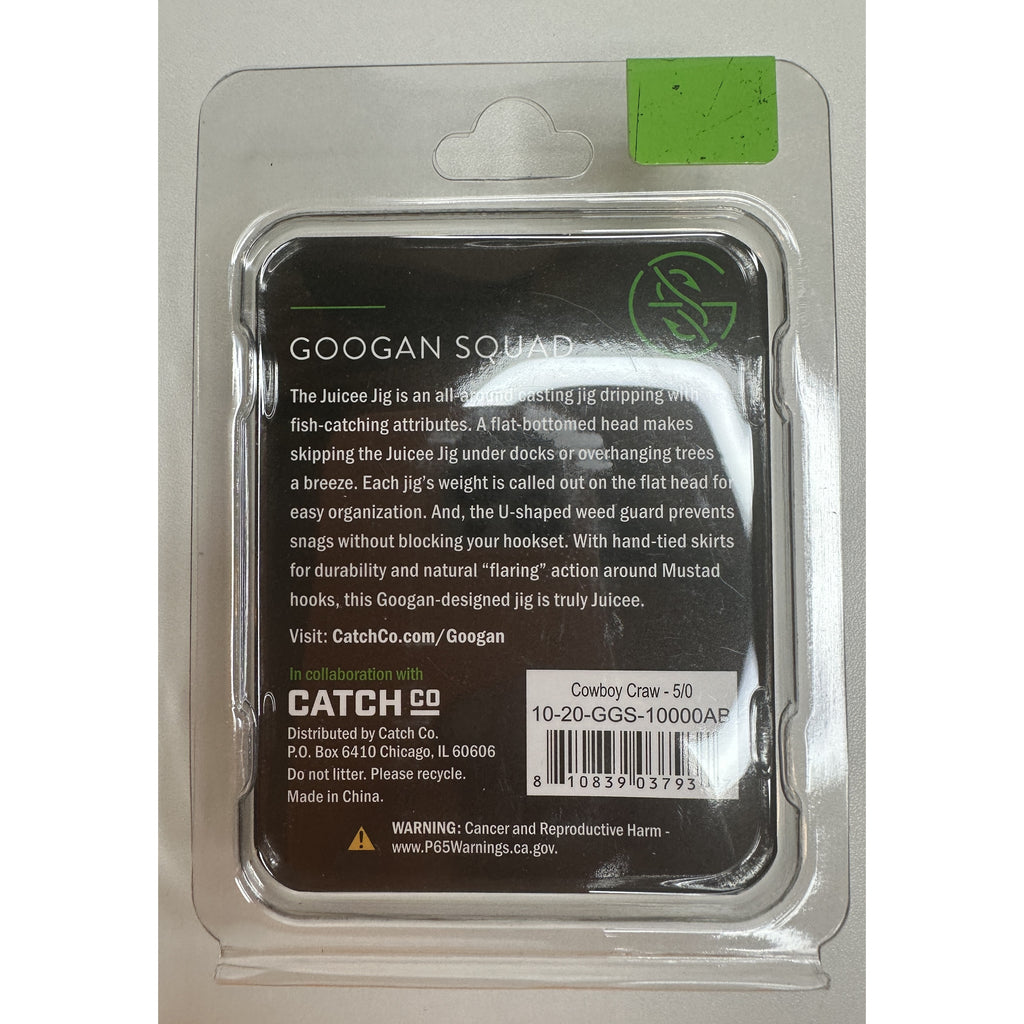 Googan Squad Juicee Casting Jig Cowboy Craw 1/2 oz retail package - back of package with UPC