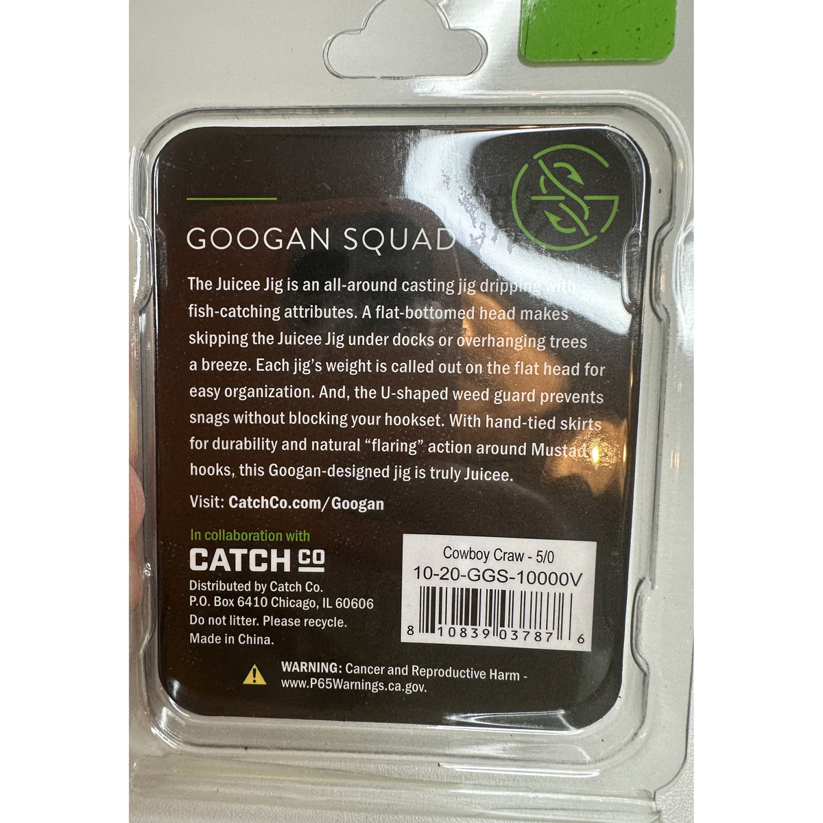 Googan Squad Juicee Casting Jig Cowboy Craw 3/8 oz retail package - back of package with UPC