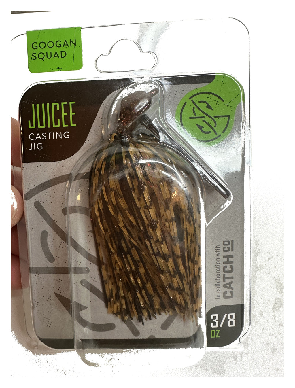 Googan Squad Juicee - Cowboy Craw 3/8 oz - front of package, in hand