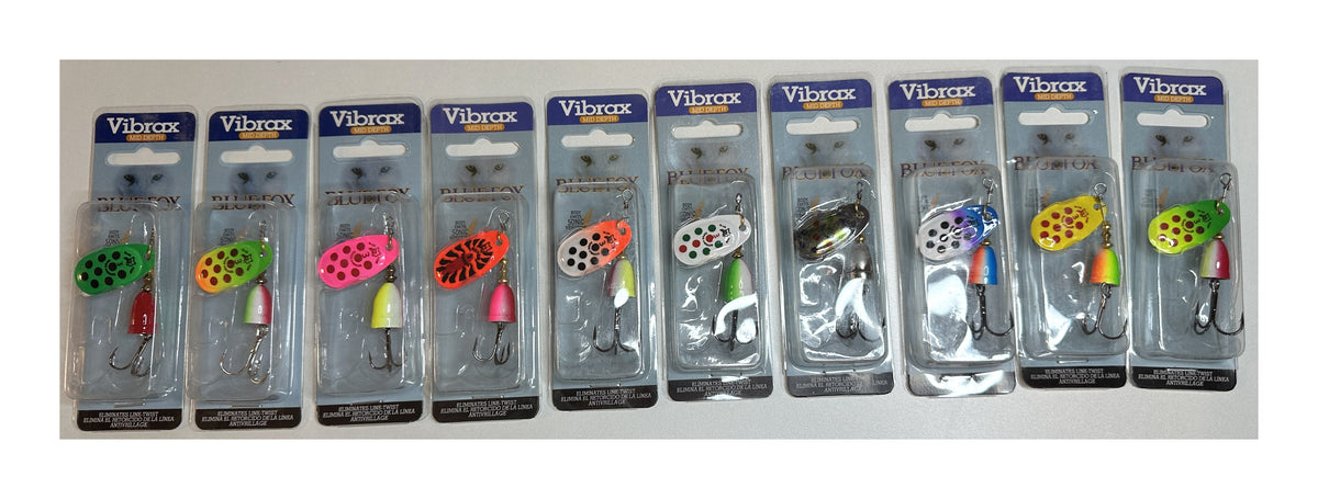 Blue Fox Vibrax Size #3 spinners, lot of 10 in retail packages, front