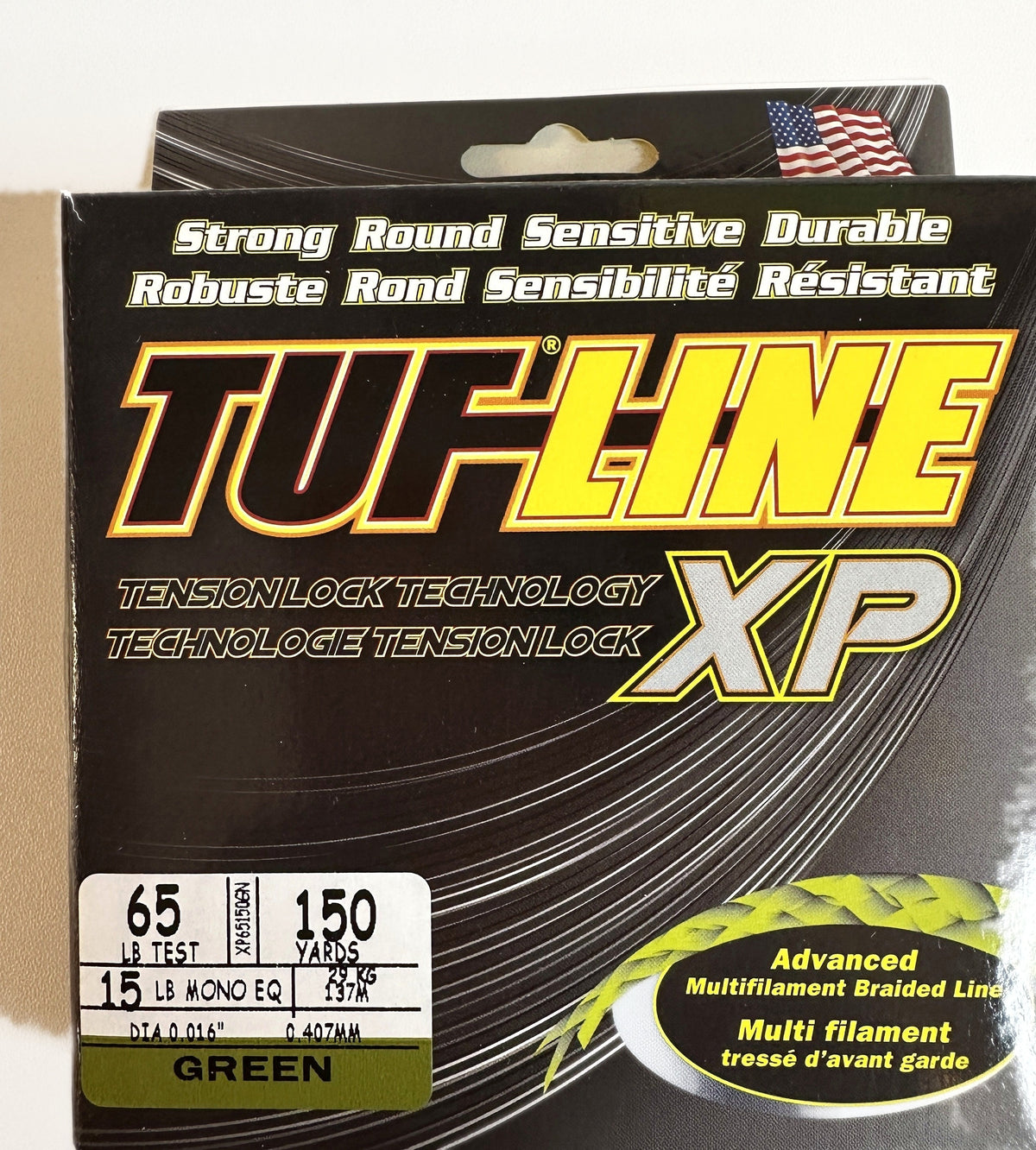 TUF-LINE XP Braided Fishing Line 65 lb Test 150 Yards Green — box front