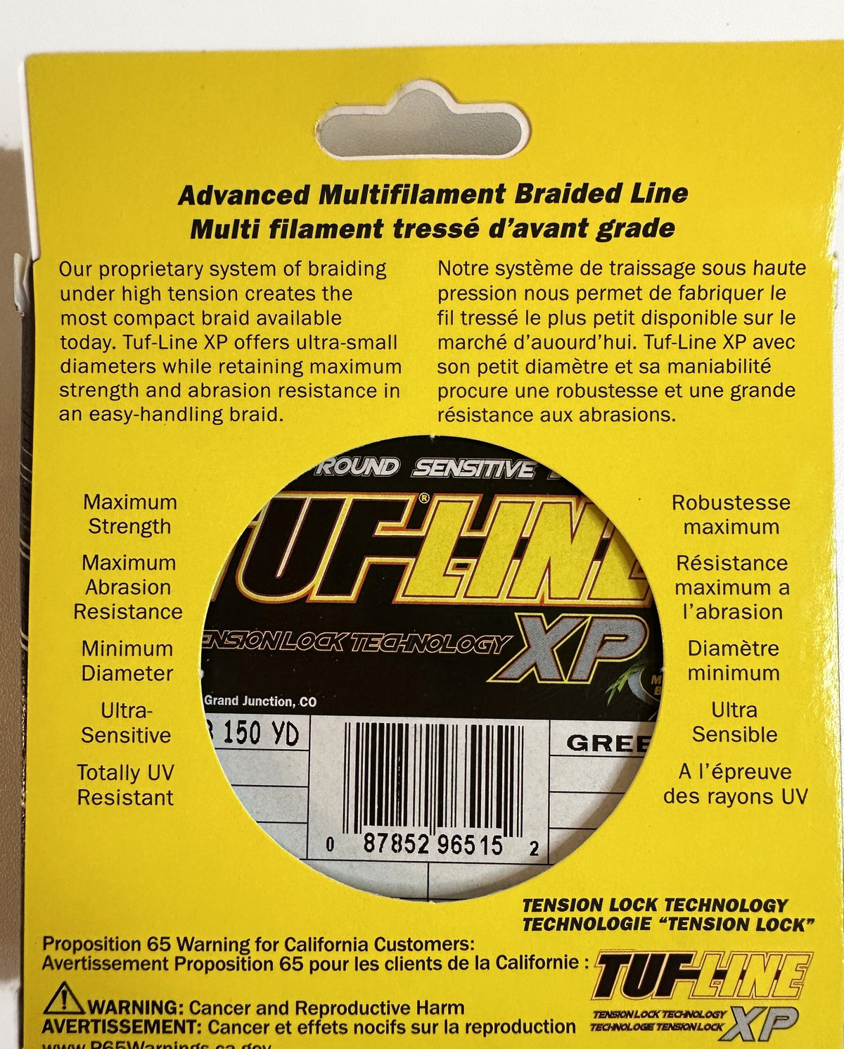 TUF-LINE XP Braided Fishing Line 65 lb Test 150 Yards Green — box back with Proposition 65 warning