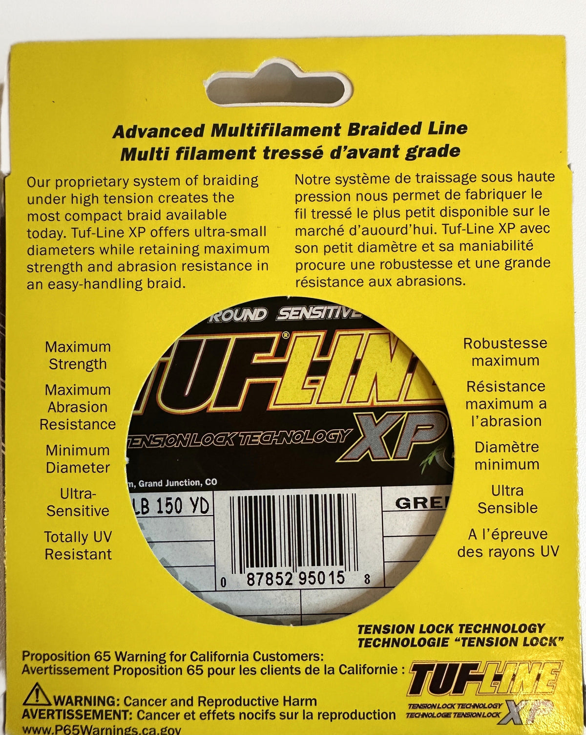 TUF-LINE XP Braided Fishing Line 50 lb Test 150 Yards Green — box back with Proposition 65 warning