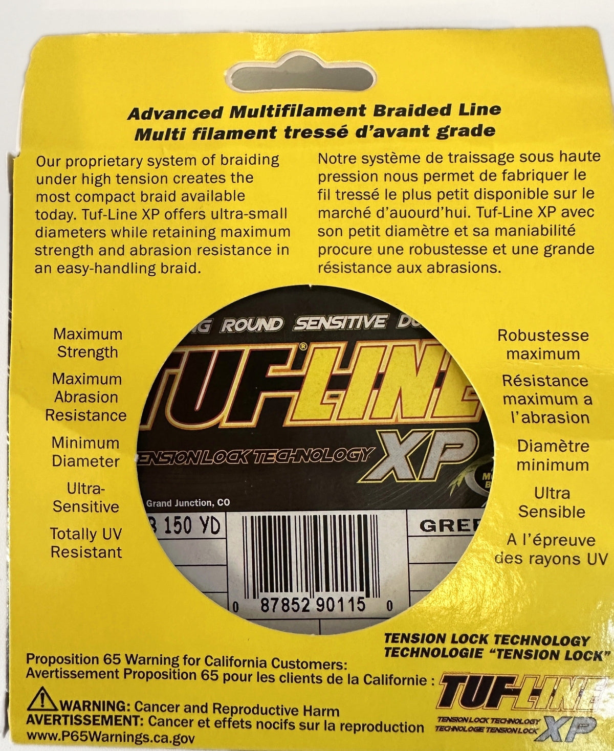 TUF-LINE XP Braided Fishing Line 10 lb Test 150 Yards Green — box back with Proposition 65 warning