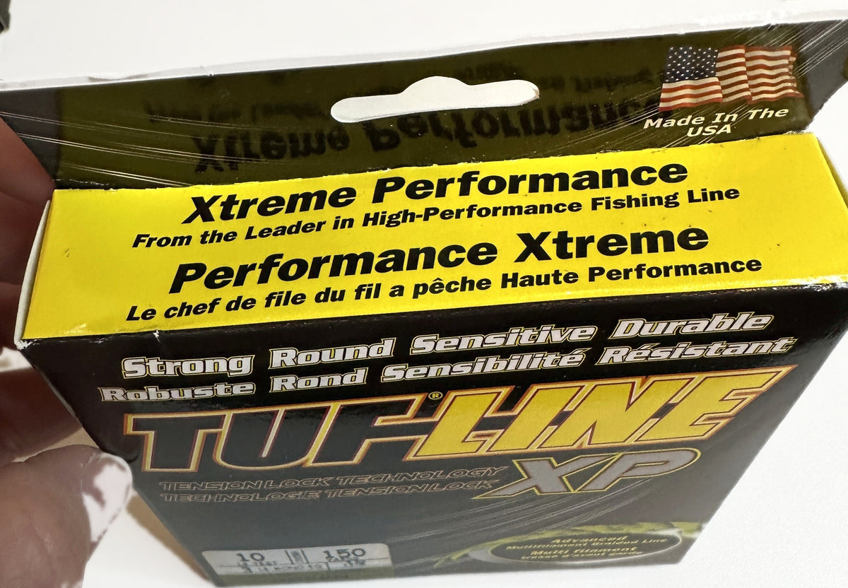 TUF-LINE XP Braided Fishing Line 10 lb Test 150 Yards Green — box top panel