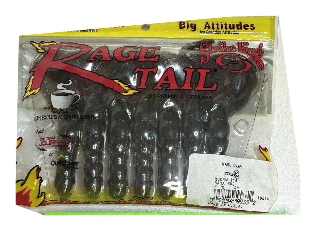 Strike King Rage Tail Rage Craw in its retail package - Bama Bug 4 inch 7 pack