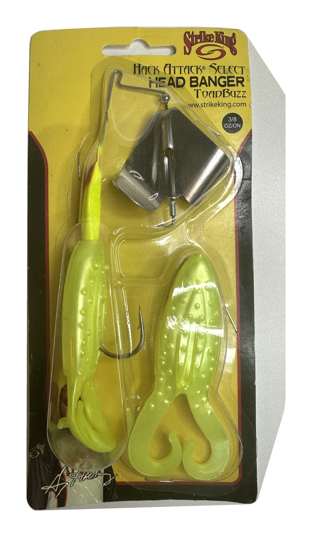 Strike King Hack Attack Select Head Banger ToadBuzz in its retail package - Chartreuse 3/8 oz