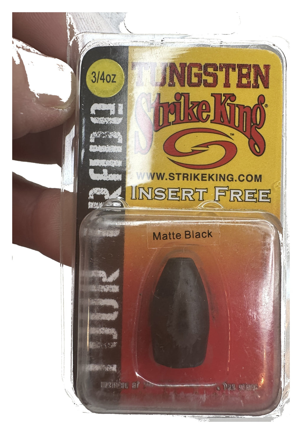 Strike King Tour Grade Tungsten Bullet Weight 3/4 oz Matte Black - front of package, alternate take in hand
